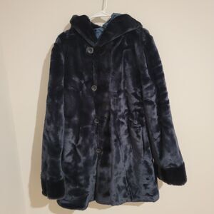 Dennis Basso Reversible Faux Fur Jacket Womens Size Large L Blue Long Heavy Coat